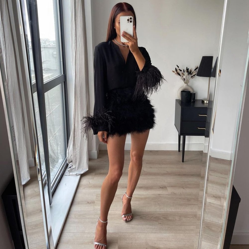 Zara Black Feathered Flowy Blouse NWT